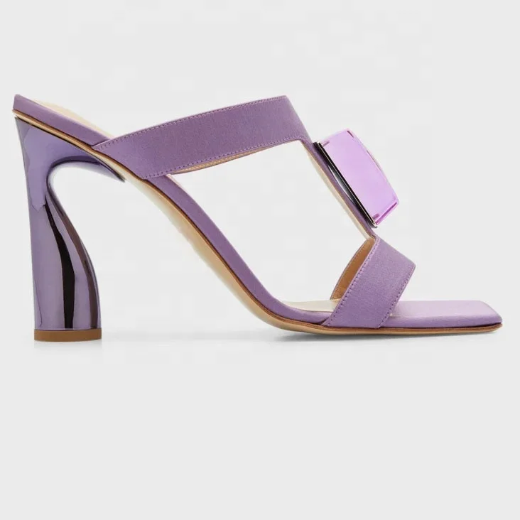 Anmairon Fashion Royal Blue Satin Square Toe Chunky Heel Dress Sandals Luxury Special Heel Woman Mules Shoes