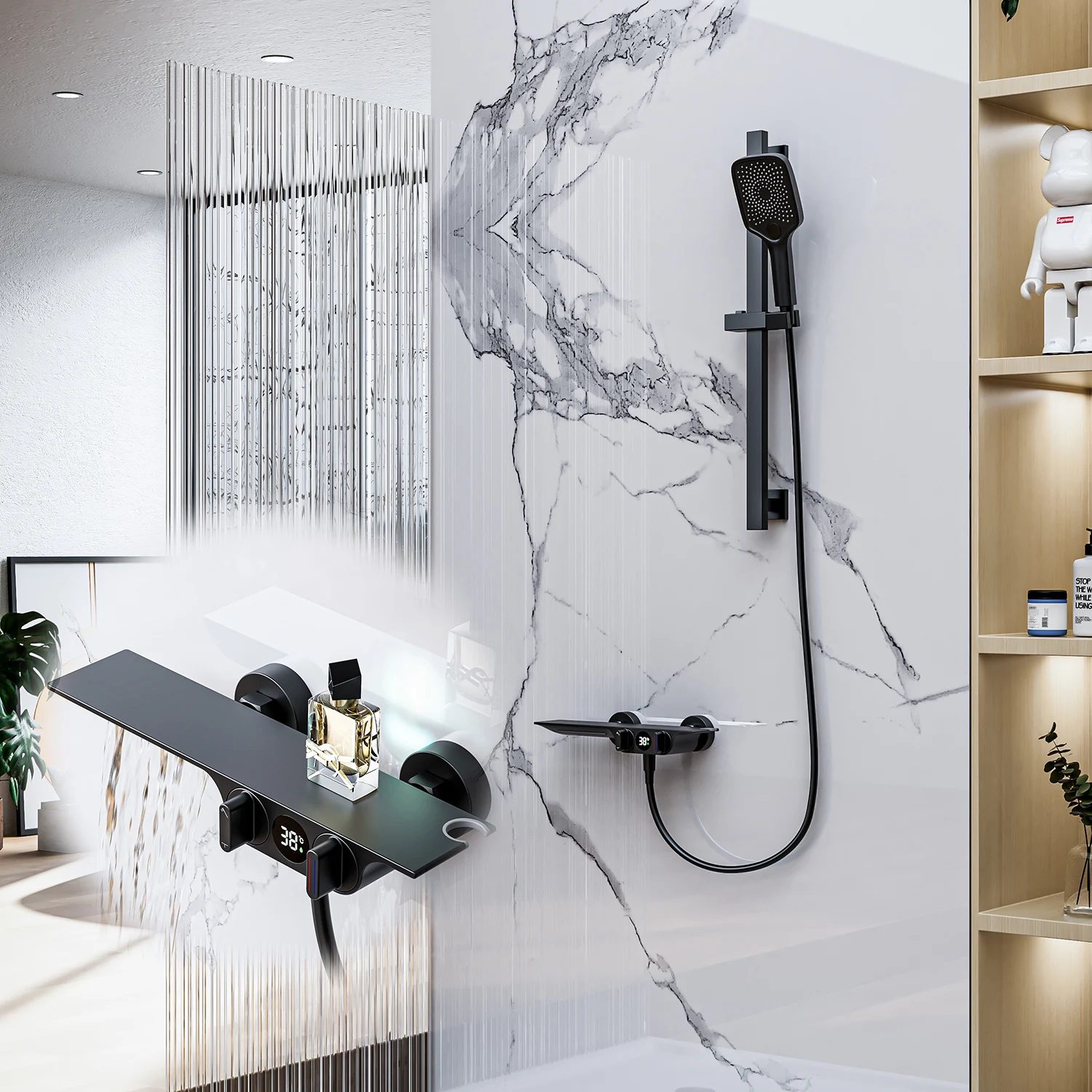 Waterfall Bathroom Bathtub Mixer Faucets thermostatic Shower Combination Set with Storage Platform