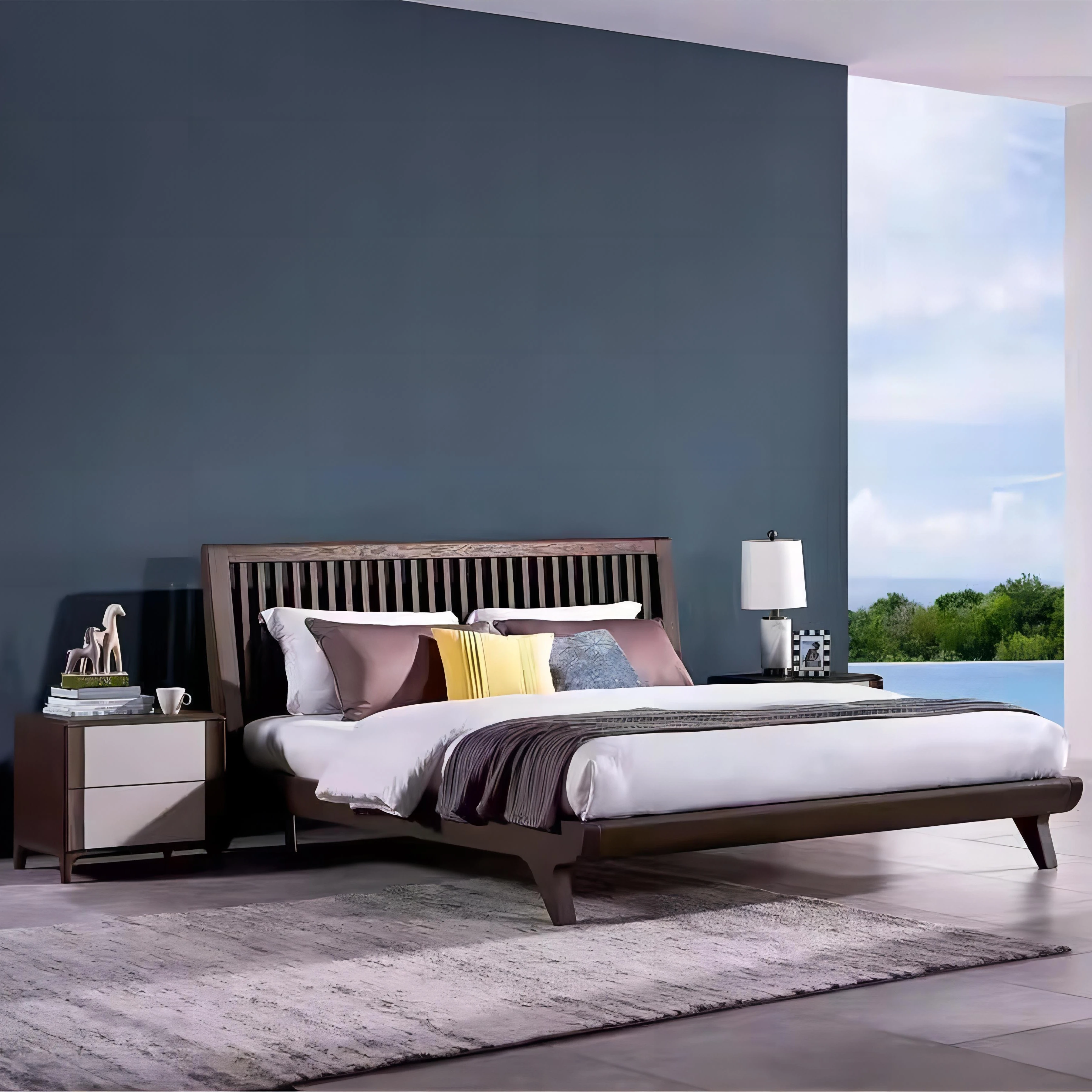 Italian Luxury Double Bed Up-Holstered Wooden Oak Bedroom Furniture