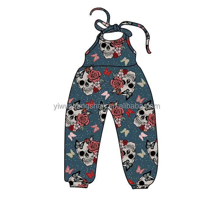 Wholesale Halloween Skull Printed Newborn Baby Romper Tie Up Backless Sleeveless Infant Baby Jumpsuits