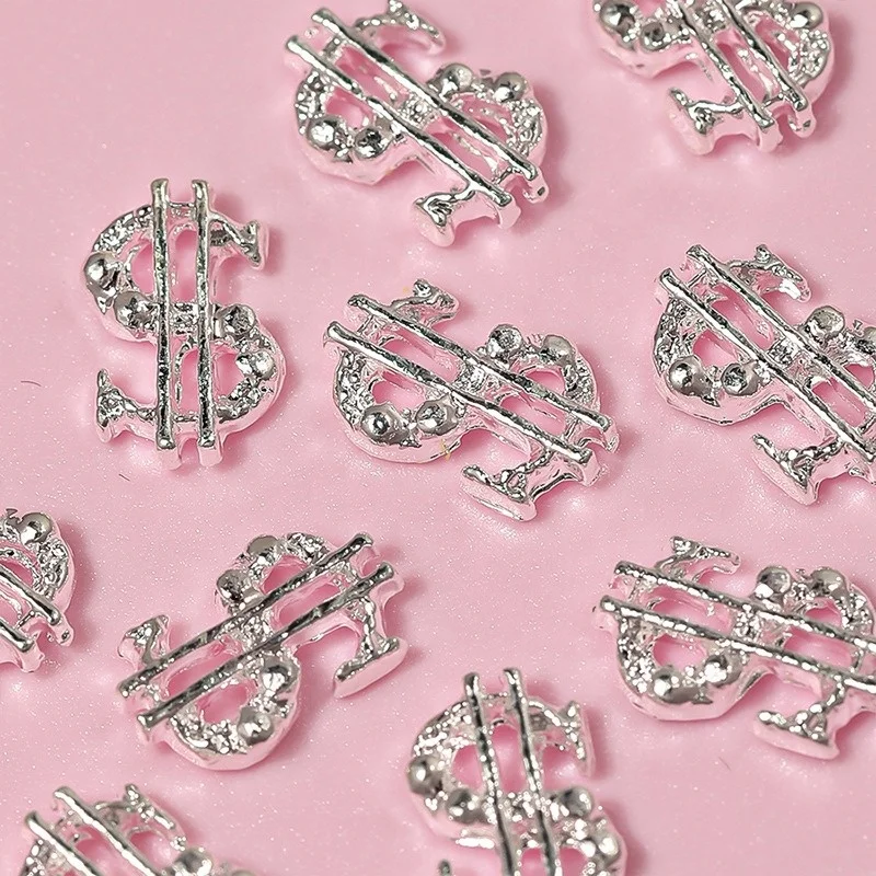 3D 10pcs US Dollar Sign Nail Charms Silver Gold Coin Symbol Nail Figures Decoration Rhinestones Metal Money Nail Charm