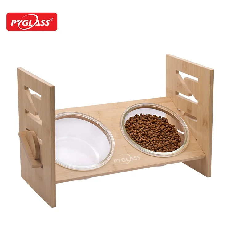 Home and Kitchen Glass Raised Cat or Small Dog Bowls Adjustable height wooden frame for Pet Food and Water Dishes,