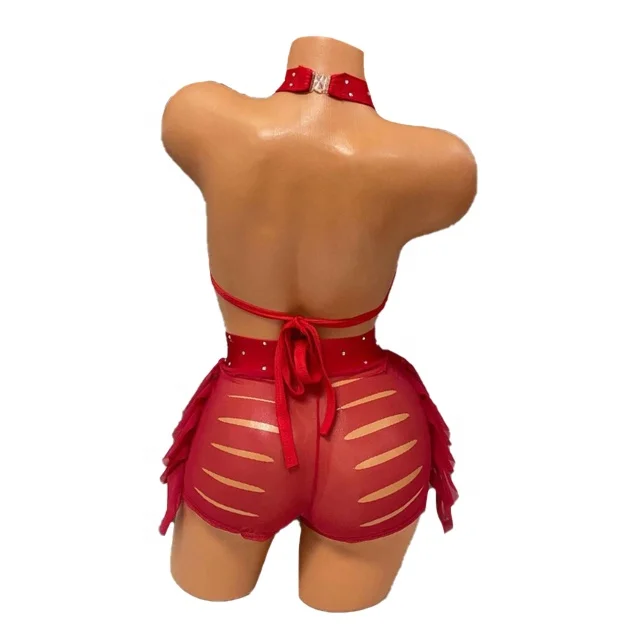 Wholesale Red Rhinestone Gauze Exotic Dance Wear Factory Production Stripper Outfits