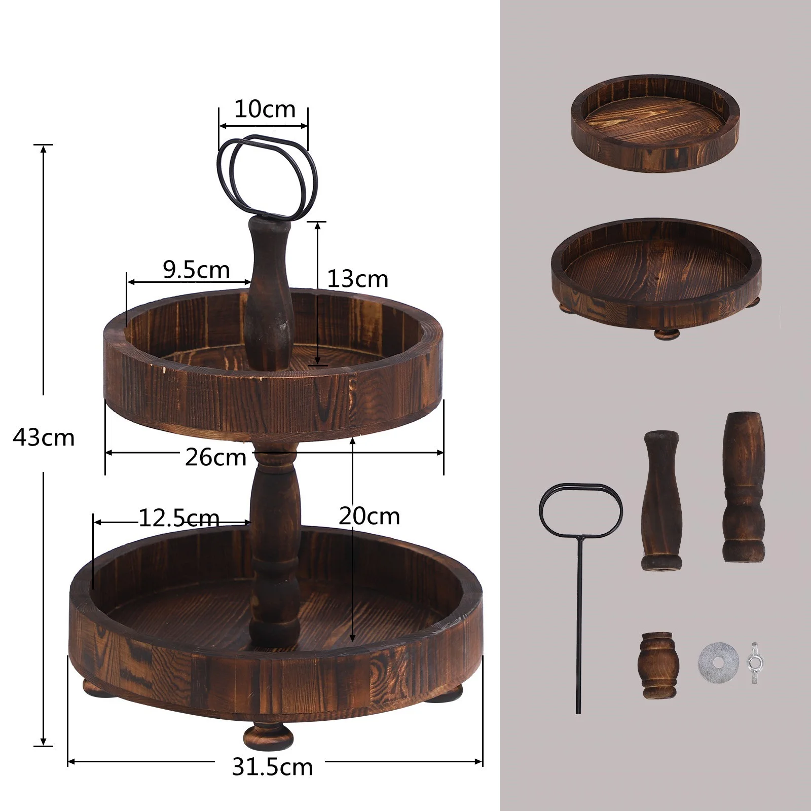 Customization wooden pallets wooden tiered tray with metal handle food display trays bamboo and wooden 2 tier tray