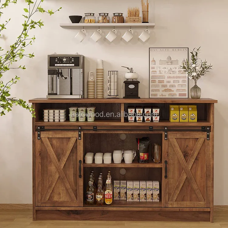 Farmhouse Sideboard Cabinet Storage with Sliding Barn Doors and 4 Adjustable Shelves for Kitchen dining room