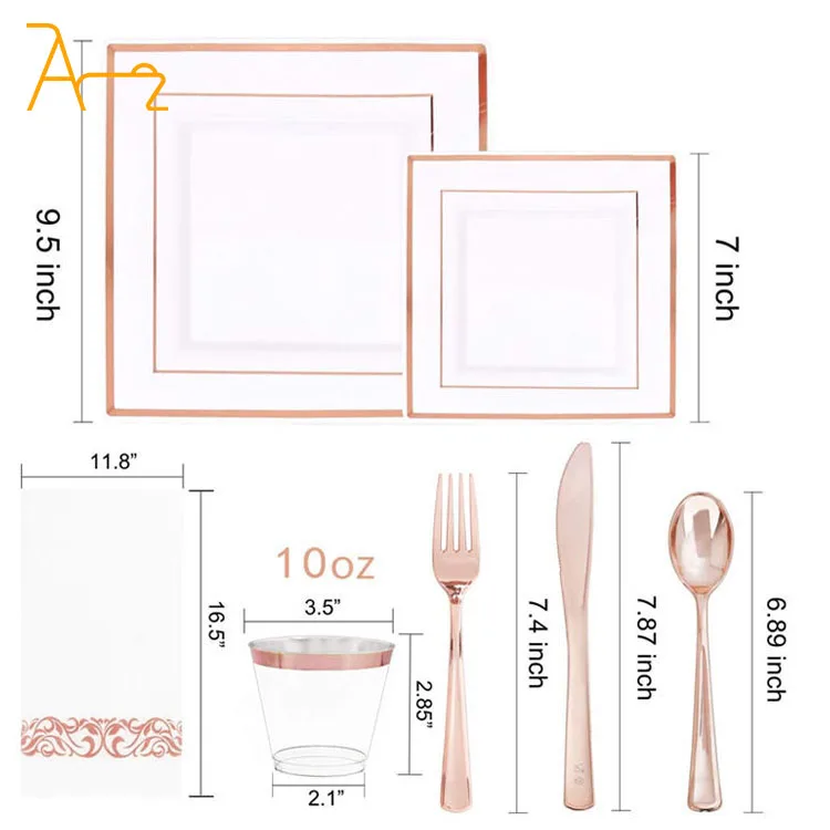 High quality banquet silver gold rose gold rimmed luxury cutlery wedding party plates sets plastic disposable tableware