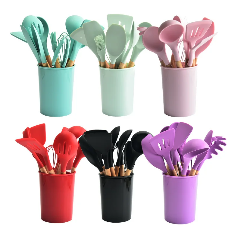 12pcs Wooden handle Colorful silicone kitchen utensils Tool Cookware Spatula Set (1600263386923)