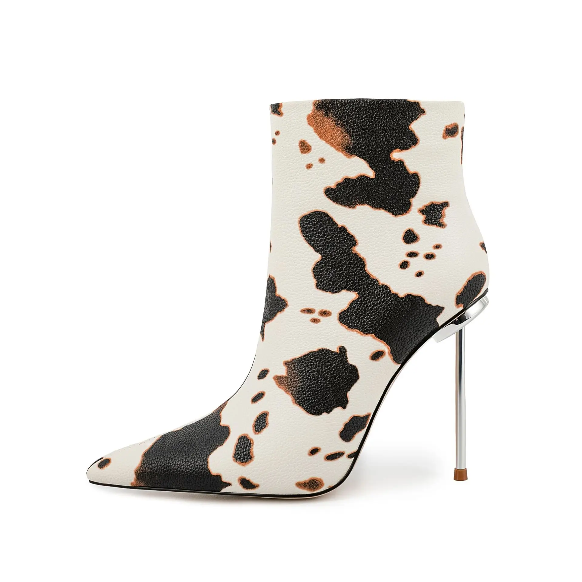 Xinzirain Logo Custom Ladies High Heel Boots Big Size 47 Point Toe Cow Print Leather Women Stiletto Ankle Boots