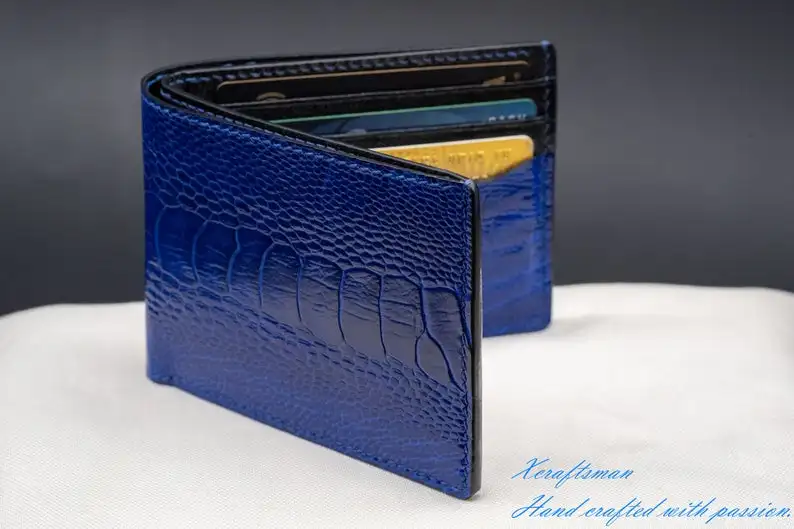  Мужской темно-синий бумажник страуса мужской ручной работы двойного сложения Роскошный кошелек из экзотической кожи для мужчин