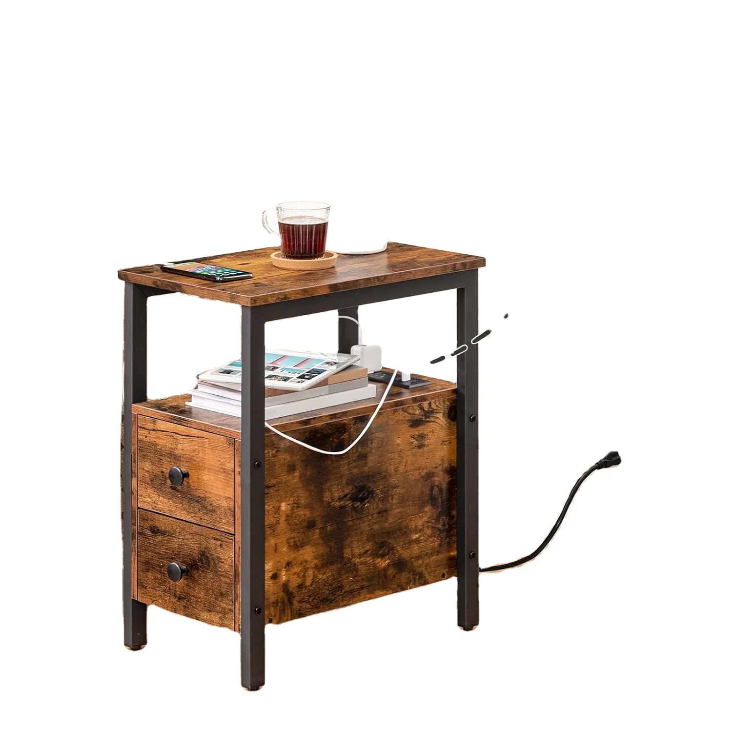 Концевой стол с зарядной станцией узкий боковой столик с 2 выдвижными USB-портами, тумбочка для небольших помещений