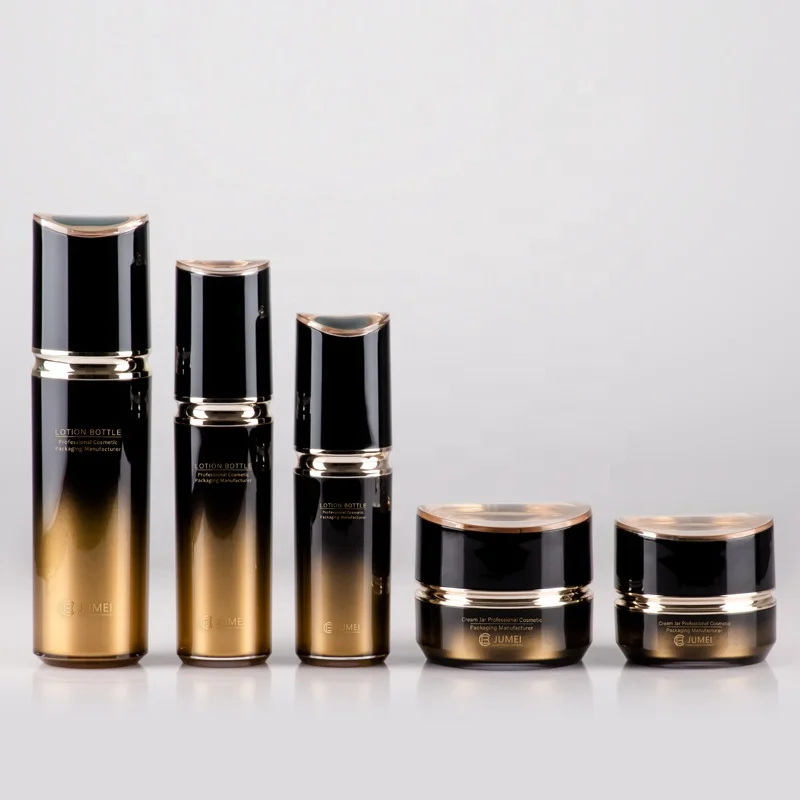High Quality Gradient Black Bottle Gold Pump 100ml 50ml 30ml Yellow Plastic Cream Jar for Cosmetic