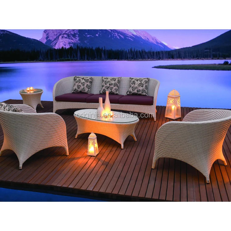 5 piece resort hotel resin wicker armchairs and coffee table furniture plastic Curved rattan outdoor sofa set