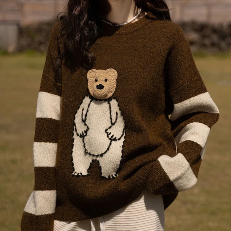 2024 Spring and autumn new arrival high quality Fashion lady crew neck loose fit cartoon bear print women sweater