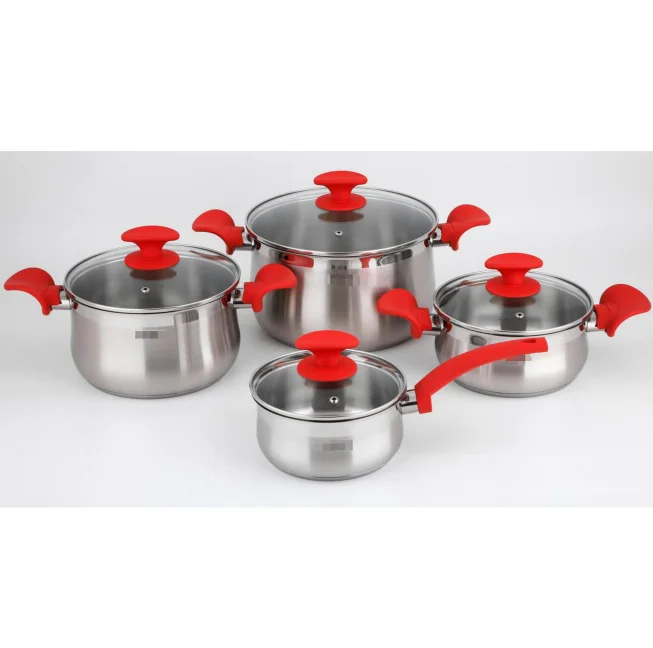 Linkfair Hot selling Cooking Pots and Pans 8pcs Belly Shape Cookware Set With Red Bakelite Handles Matte Finishing