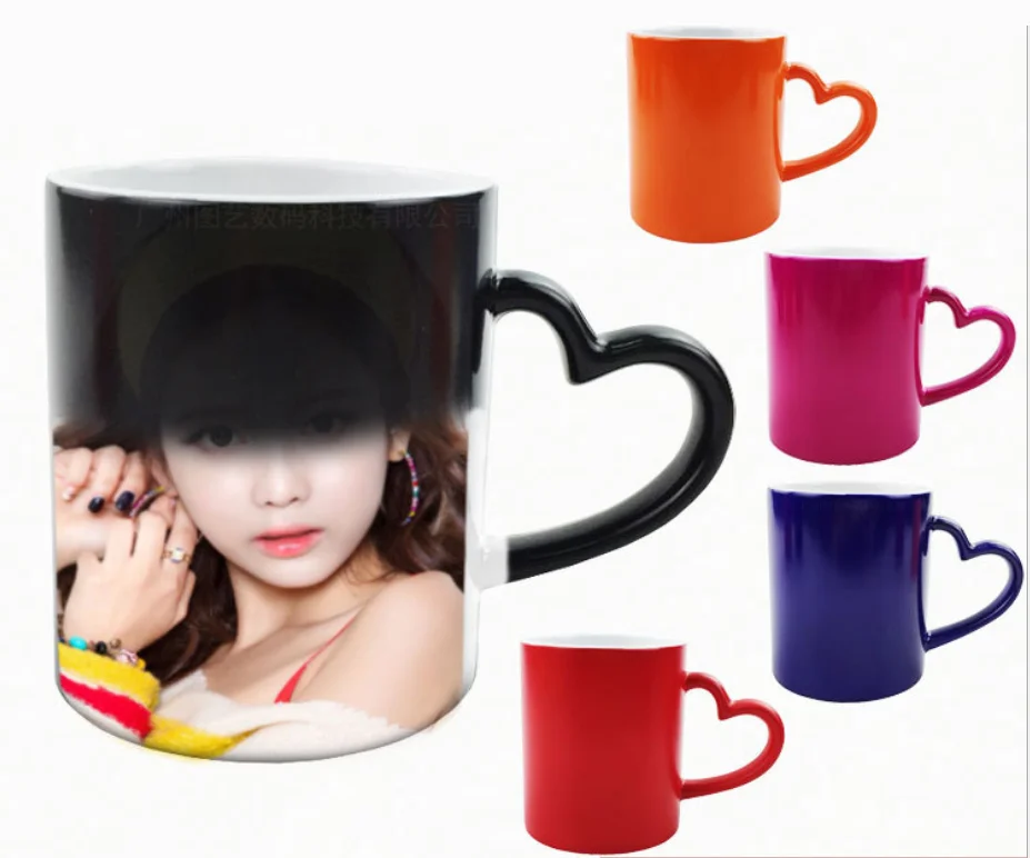 Custom Wholesale 11oz Sublimation Photo Color Changing Mug with Heart Shaped Handle  Porcelain Ceramic Coffee Gift Mug