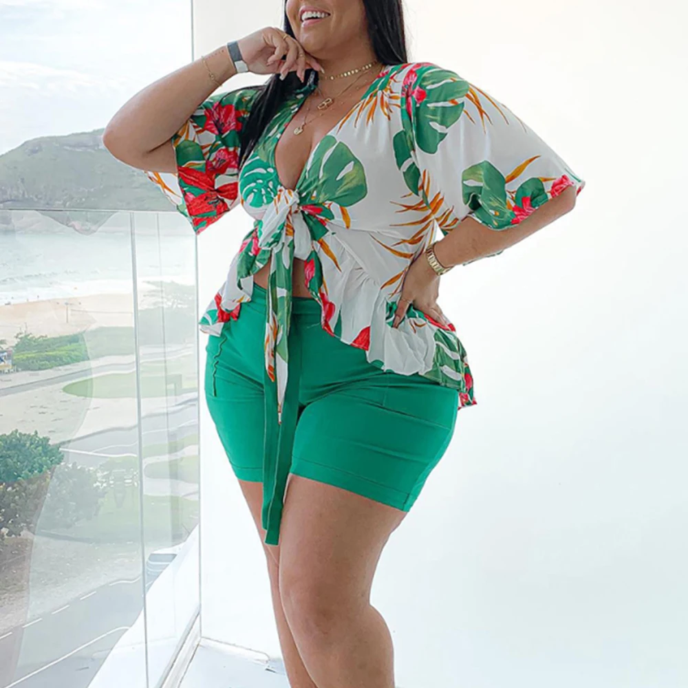 L-5xl Plus Size Women Clothing Two Piece Shorts Pants Sets Fat Women Shorts Set 2 Piece Outfits For Spring Summer Clothes