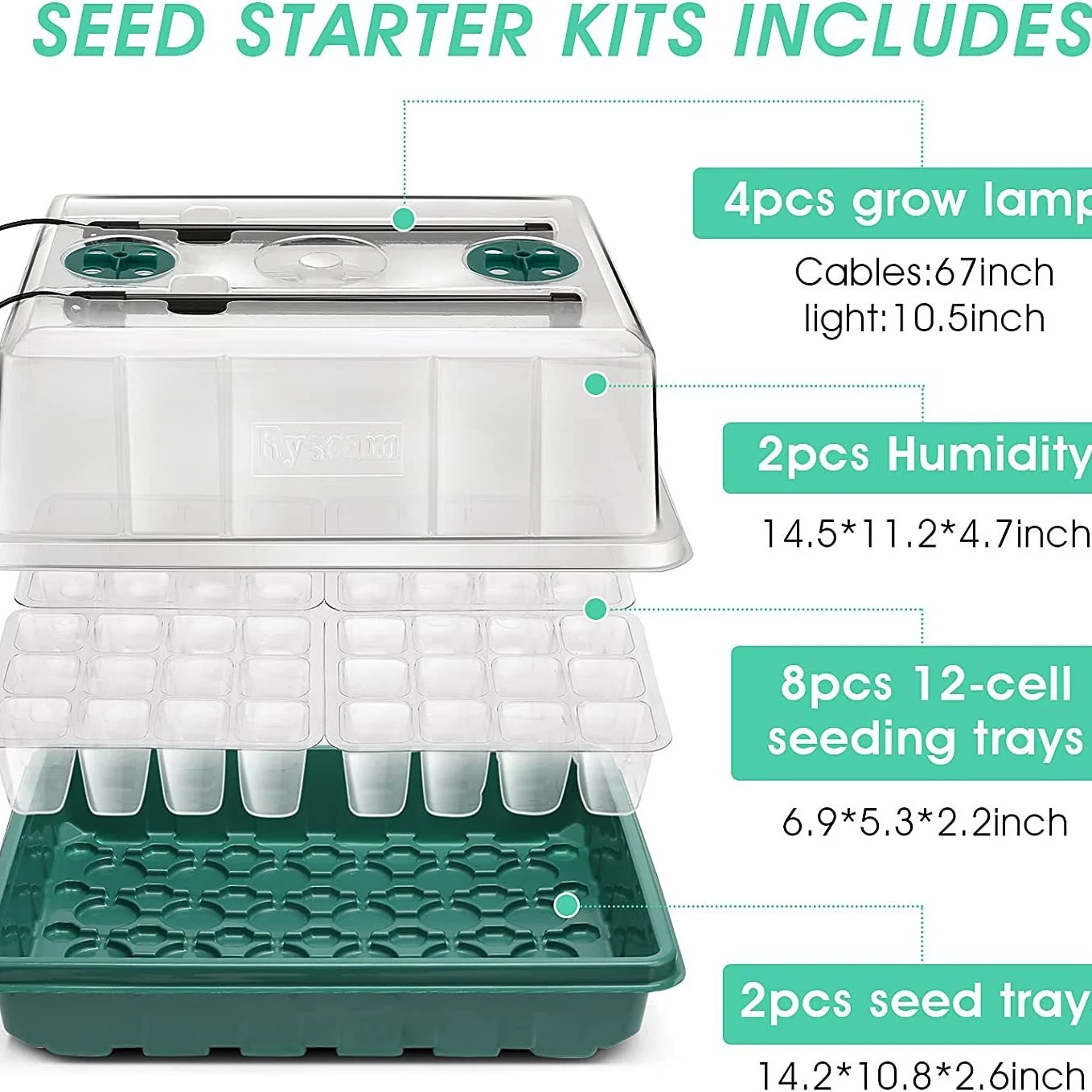 Mini Greenhouse Germination Kit Waterpoof Hydroponic High Humidity Dome 48 Cells Seedling Starter Tray with LED Grow Light