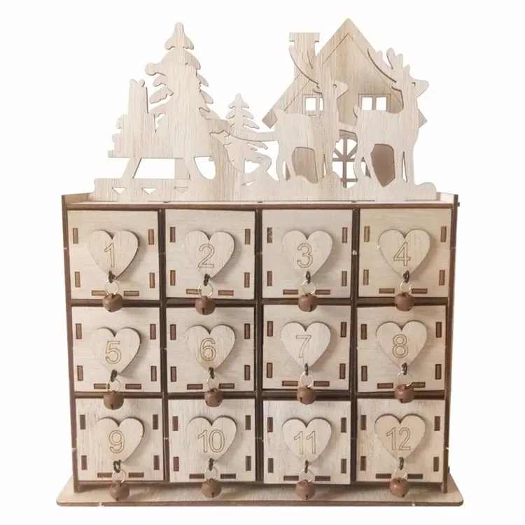 Wholesale Custom Wooden Christmas Tree Advent Calendar Box Hanging Shape for Home Use Light Chocolate Wooden Frame Party