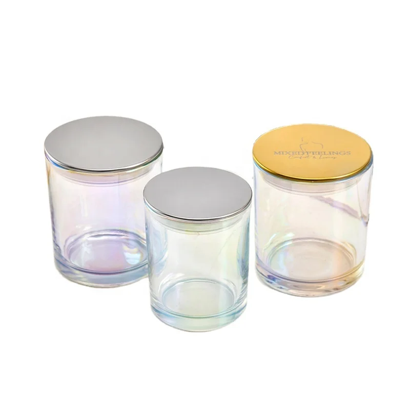 Fashion iridescent rainbow empty glass candle jar price empty glass candle jar for candle making