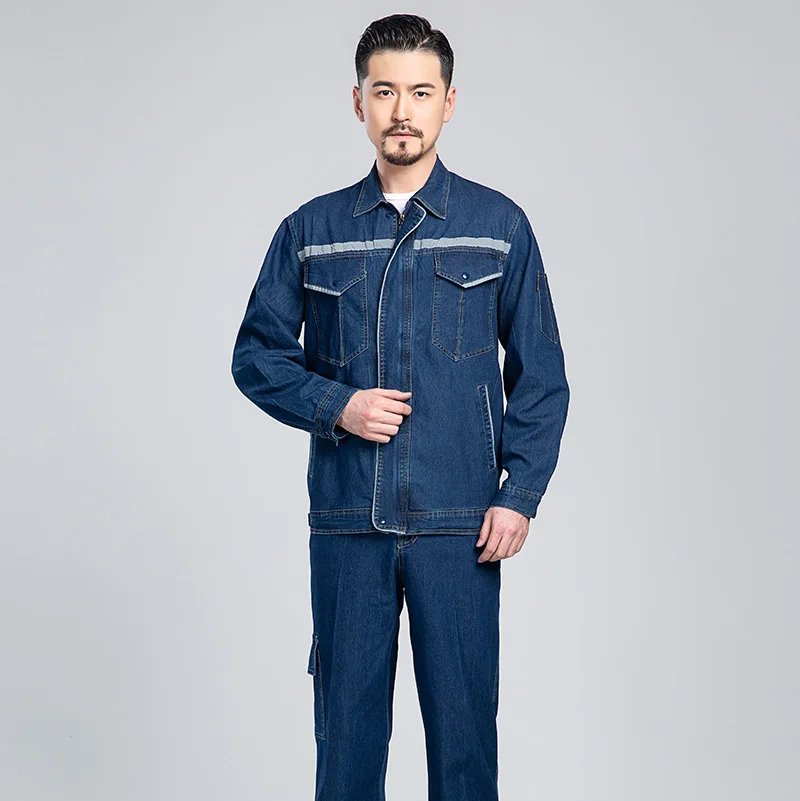 Summer Long Sleeve Denim Workwear Jacket and Pants Cowboy Reflective Strips Work Clothes Custom Uniforms for Construction