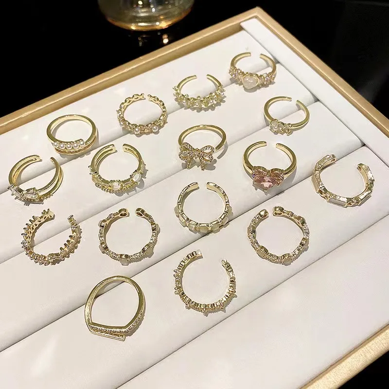 Korean Adjustable Small Cute Pearl Rings Jewelry Ladies Hollow Out Open Bowknot Gold Finger Ring
