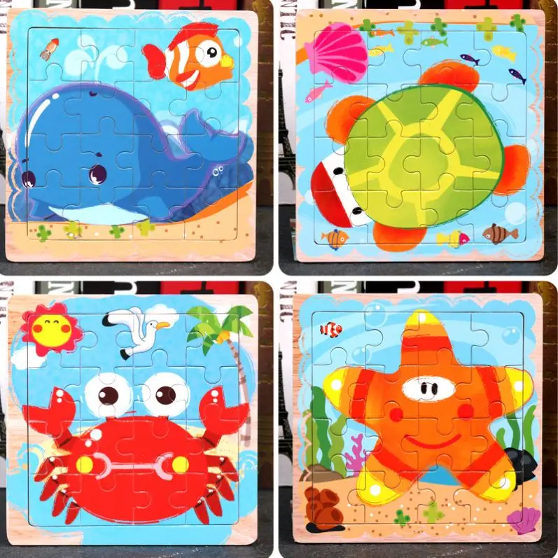 Best Selling 16-Piece Unisex Wooden Cartoon Jigsaw Puzzle Early Educational Toy for 2-4 Year Old Children