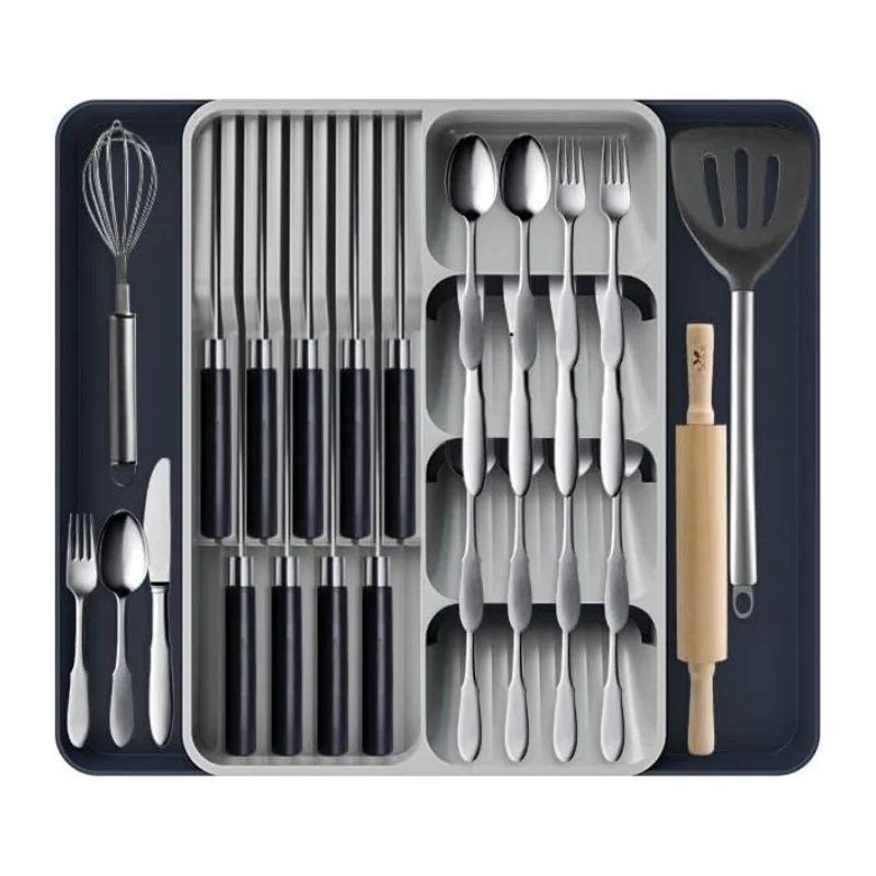 Silverware Drawer Organizer Expandable Kitchen Utensil Tray Cutlery Tray Adjustable Plastic Storage for Spoons Forks Knives