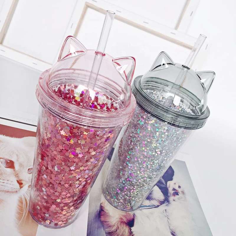 
Girlwill Cat Ear Lids Double Wall Glitter Tumbler Cup with straw Custom Logo Supports OEM/ODM Coffee Mugs Wholesale 