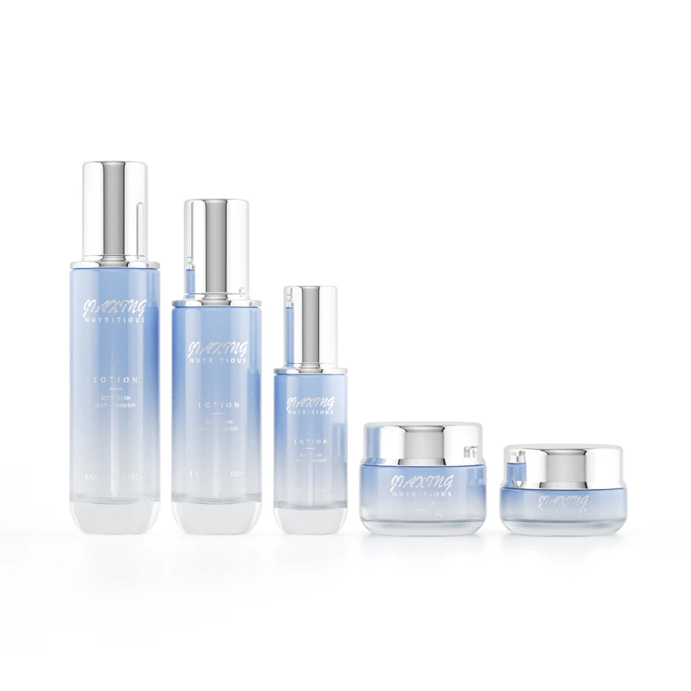 Luxury sky blue transparent 30g 50g 50ml 100ml 120ml glass cosmetic bottle and jar skincare packaging set with silver cap