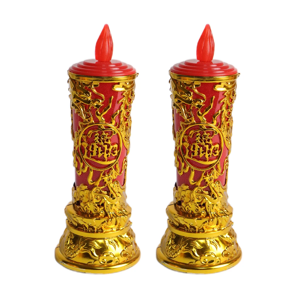 GF1242FL LED Golden Dragon Pattern Electronic Candle Buddha Lamp Red Pillar Smokeless Candles Light for Land God Temple