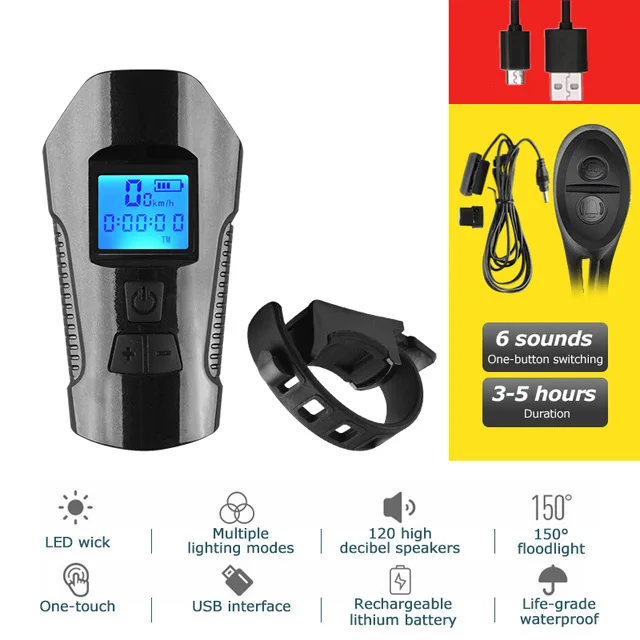 YOUME 4 Modes USB Bicycle Light Lamp Bike Front Lights With Computer Horn T6 Cycling Flashlight