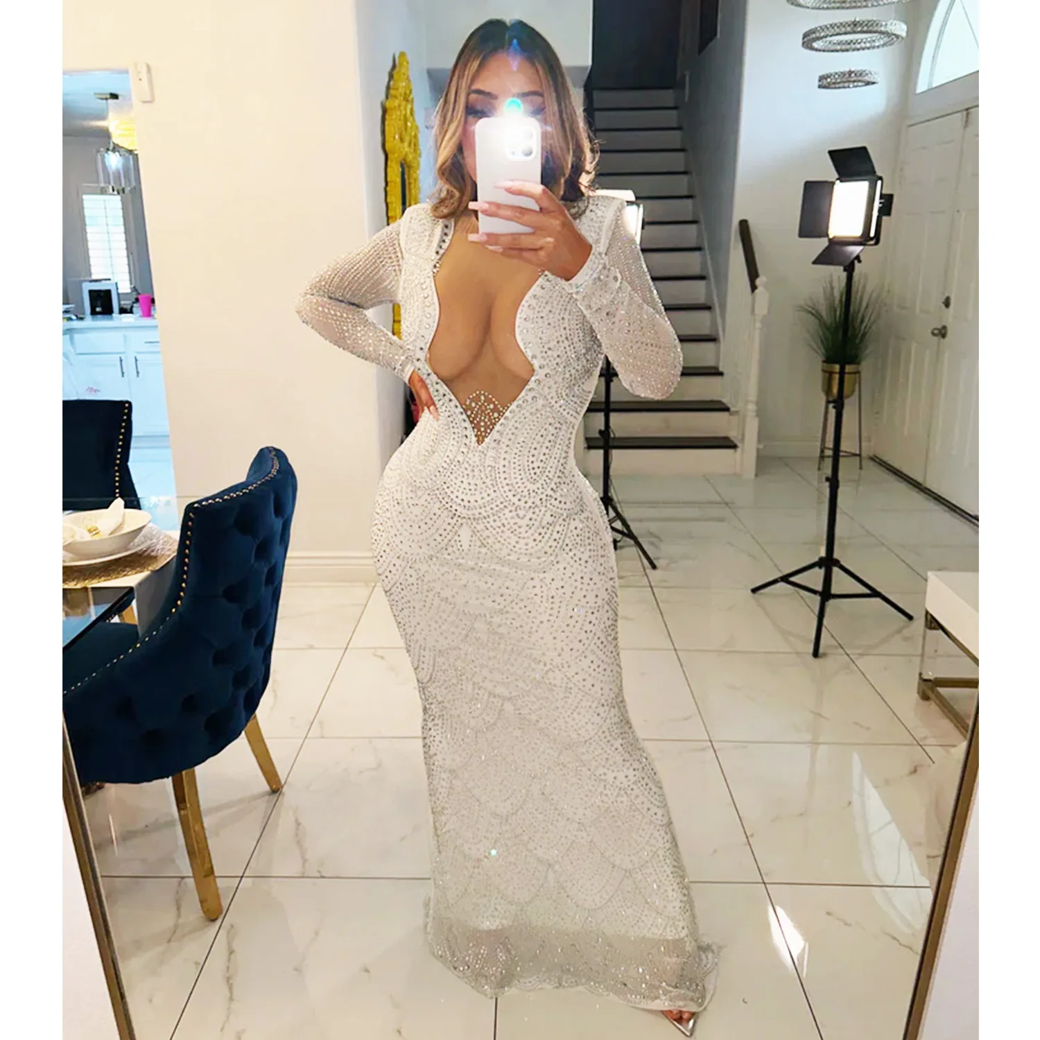 C240207 Elegant Long Sleeve Prom Dress White Rhinestone Train Evening Party Dresses Women