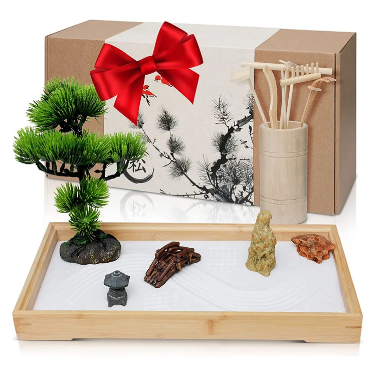 Japanese Zen Garden Kit for Desk Premium Sand Garden Mini Zen Decor Desktop Accessories Bamboo Craft Meditation Therapy Tray