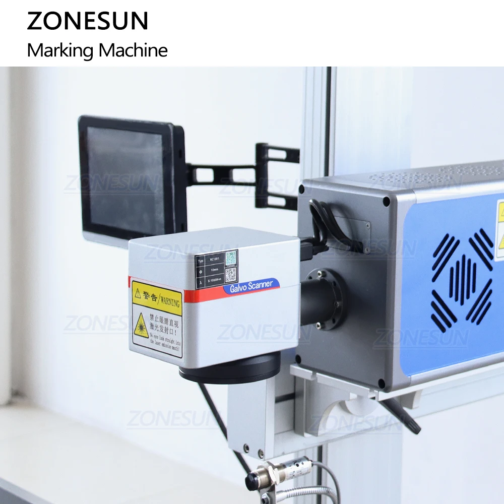 ZONESUN ZS-LMC1 автоматический древесно-пластиковый стеклянные бутылки 30 Вт онлайн CO2 Летающий Galvo Лазерная маркировка машины с конвейерной