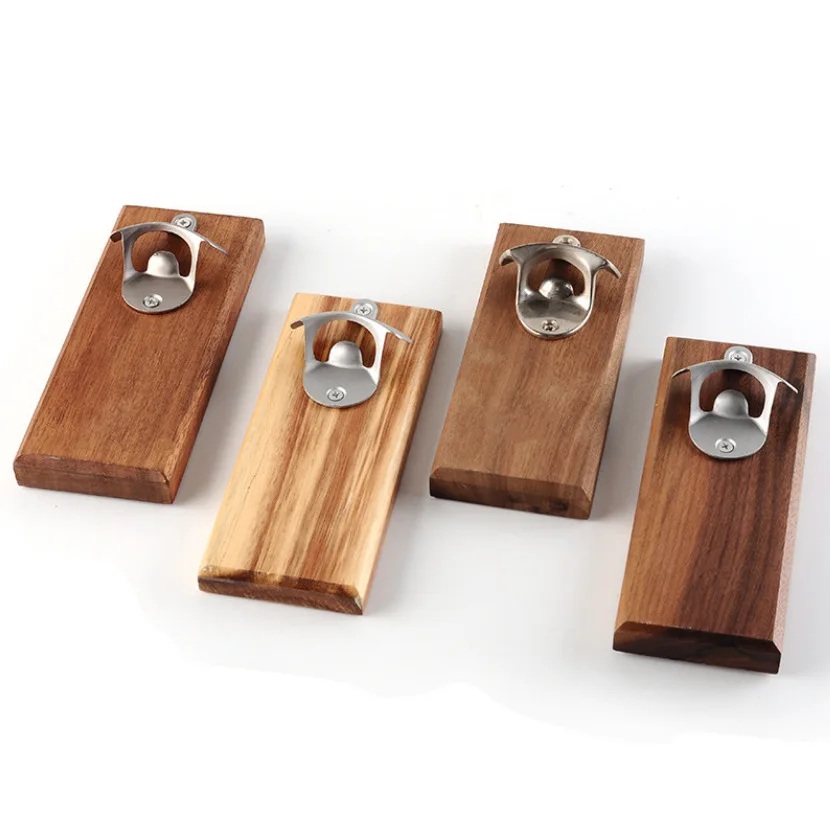 Customized Stainless Steel Bottle Opener Keychain Wooden Beer and Jar Opener with Key Handle for Household Kitchenware