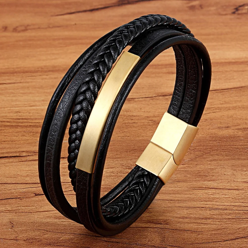 HOT Selling Multi Leather Bracelet For Men With Magnetic Clasp Stainless Steel Wristband Plan Bar For Personal Engrave Bracelet