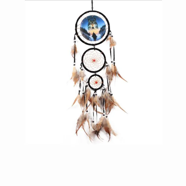 Hot Sale Indian Dream Catcher Wolf Head Oil Painting Handmade Dreamcatcher Home Decor Wall Hanging Natural Feather Pendant Room