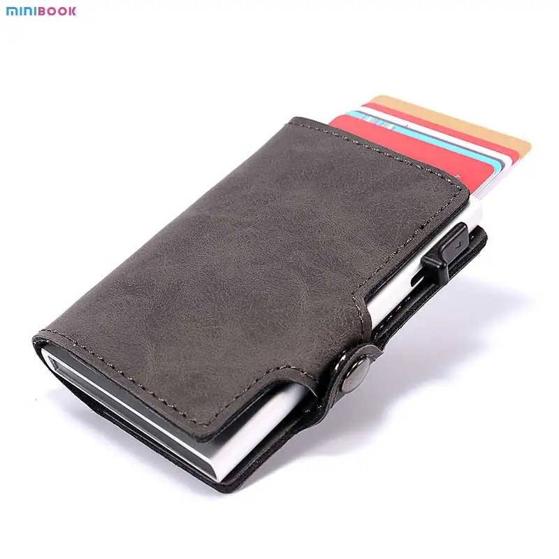 Factory Price Vintage Look Aluminum Case For Man Leather Credit Card Holder With Money Pocket RFID Slim Pop Up Minimalist Wallet