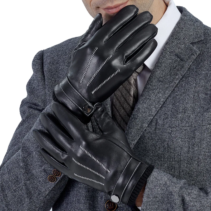 Классические зимние мужские перчатки GSG с шерстяной подкладкой для сенсорного экрана, из овечьей кожи, черные, коричневые, темно-синие