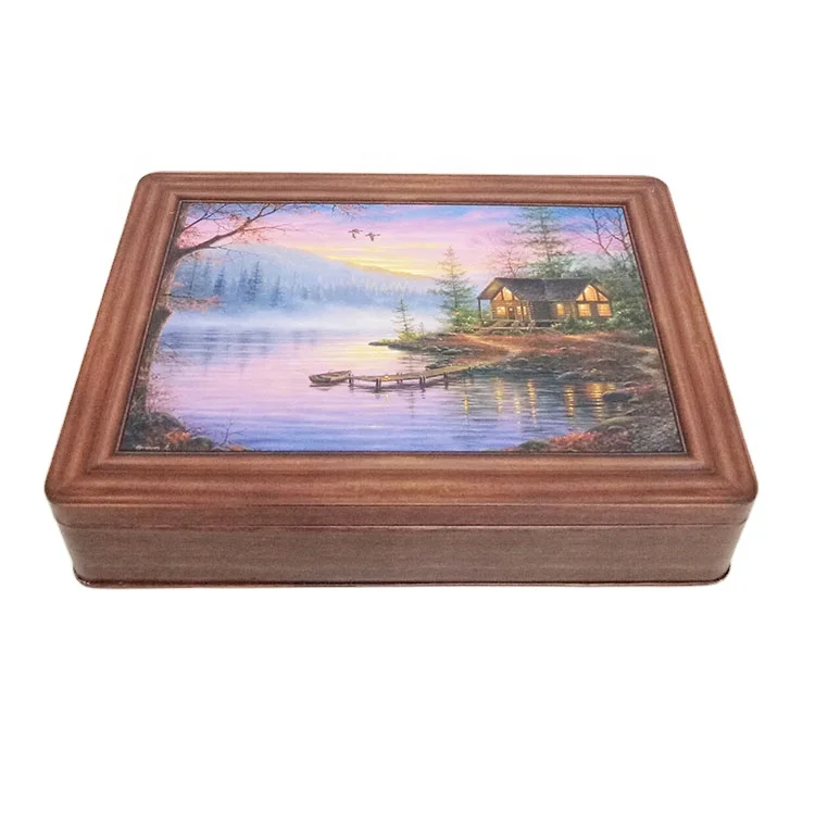 Custom Luxury Packaging Rectangular Wooden Style Design Food Chocolate Gift Stash Cans Metal Tin Box