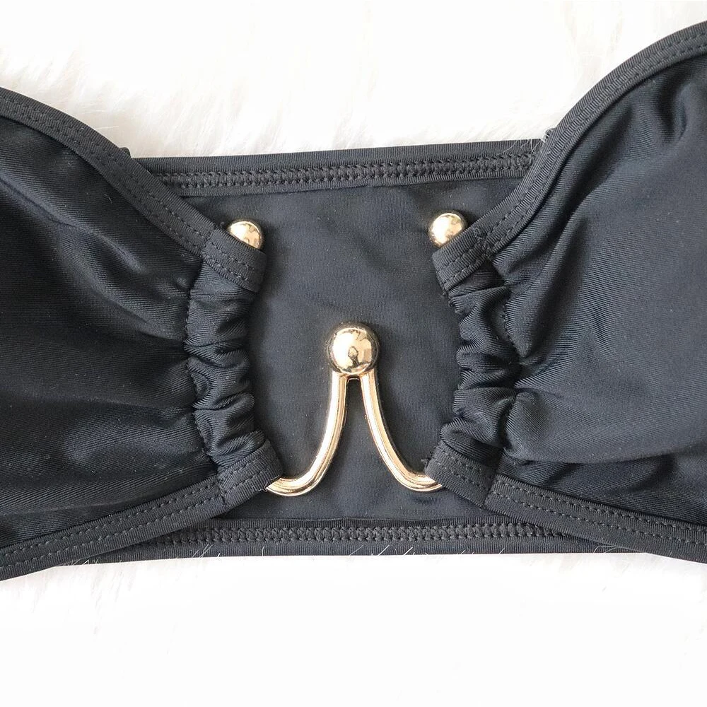 FS Black One Shoulder Metal Pleated Micro Thong Swimsuits Two Piece Hot Fashion Show Sexy Girl Photo Bikini