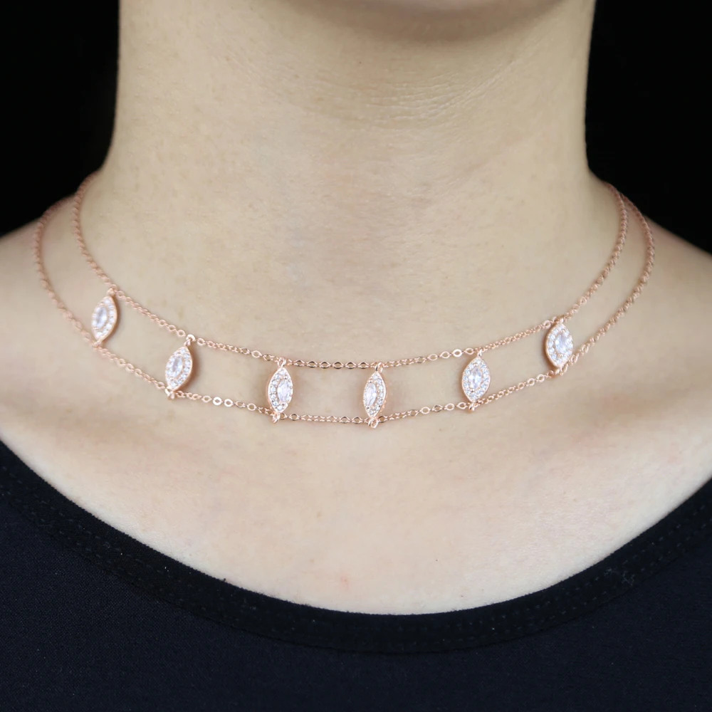 100% 925 Sterling Silver Sparking CZ Wedding Engagement Jewelry Marquise CZ Double Chain Women Choker Necklace