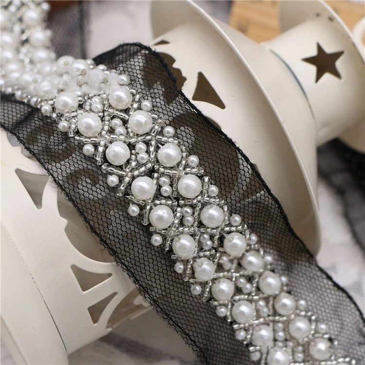 Wholesale High Density Pearl Flower Beads Lace Edge Trim Ribbon French Tulle Lace For For Sewing Evening Dress Handbags
