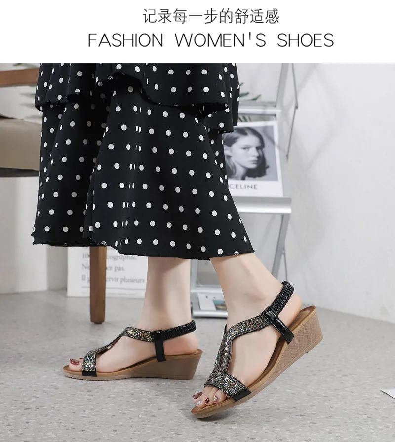 New Style Open Toe Round Bohemian Sandals Casual Rhinestone Hollow Out Ladies Platform Wedge Sandals