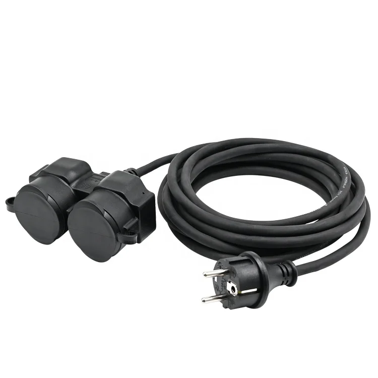 EU black rubber cable 16a 250v IP44 waterproof outdoor extension cord with 2 schuko socket outlet
