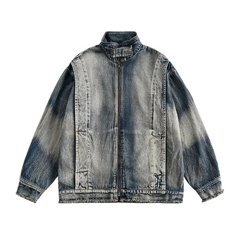 Custom High Quality Classic Washed Jeans Jacket With Metal Snap Button Raw Hem Zip Up Casual Streetwear Denim Jacket For Men