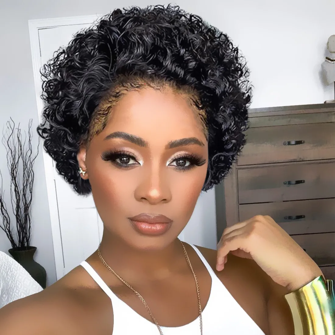 Cheap Pixie Short Hair Lace Frontal Wig Black Women Perruque Pixie Cut Human Hair Bob 180% Density Short Pixie Cut Curly Wig