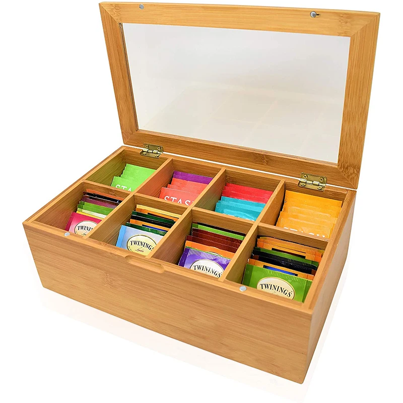 Natural 8 Compartments Tea Bag Holder Tea Bag Storage Organizer Bamboo Tea Box with Acrylic Window