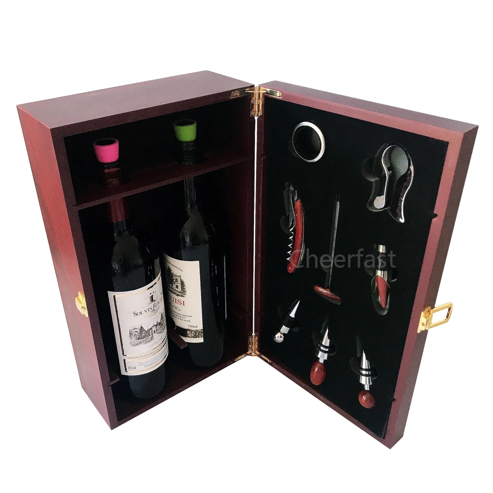 Более низкий минимальный заказ, 8 шт. аксессуаров внутри, двойная деревянная коробка для винных бутылок