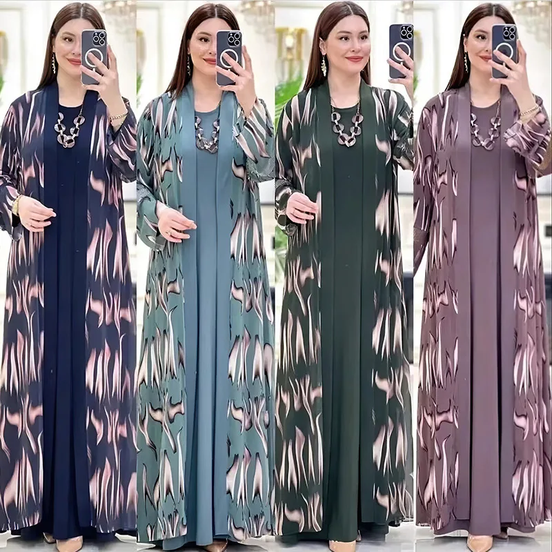 abstract pattern printing long open style matching with inner dress african muslim women one size abaya sets